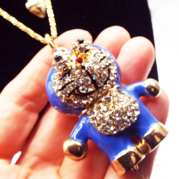 BETSEY JOHNSON KITTEN KITTY CAT IN BLUE SNOWSUIT RHINESTONES PENDANT NEC… - Picture 4 of 5